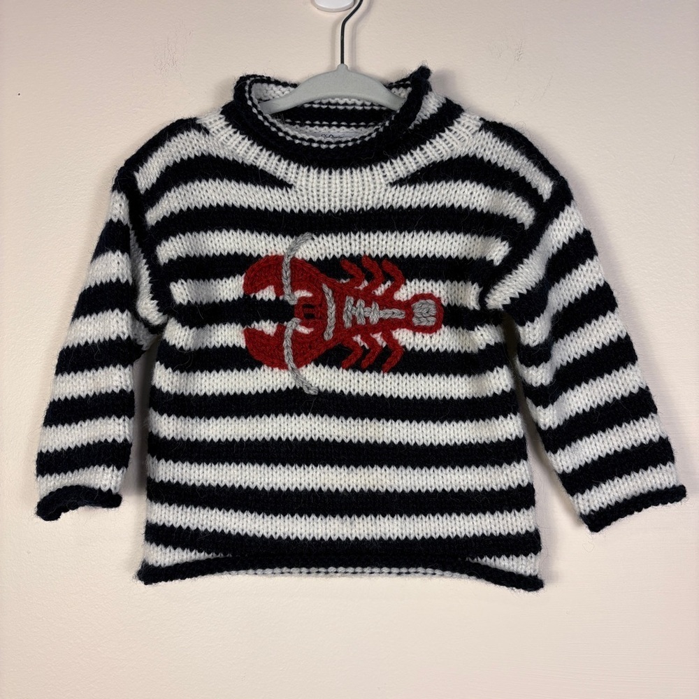 Alpaca Wool Striped Blue Lobster Sweater Crew Neck Beach Vacation - Picture 1 of 4